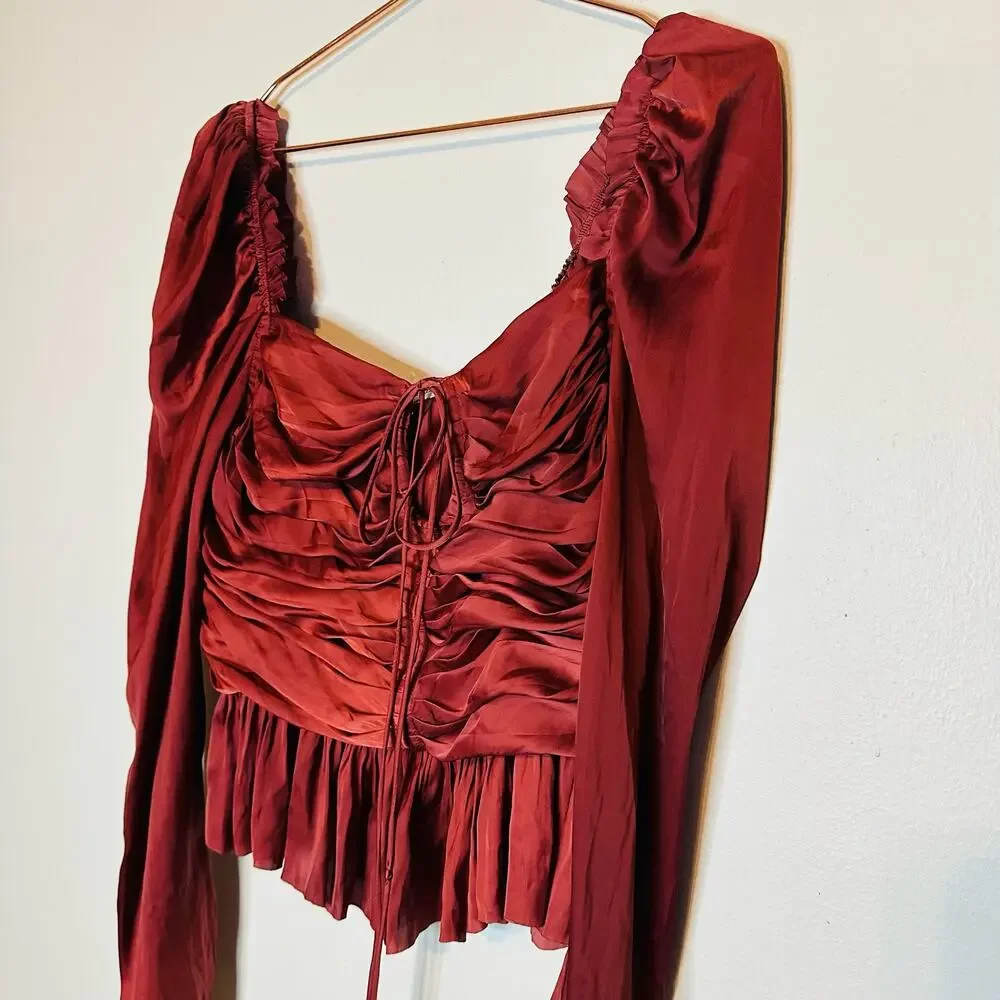 ULLA JOHNSON Women's Red Satin Halter Neck Mirelle Peplum Puff Blouse Size 10